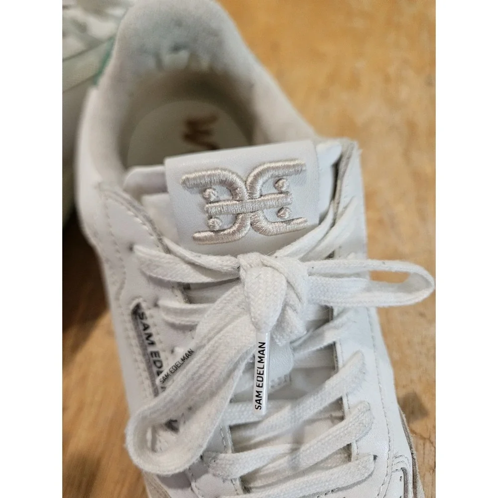Sam‎ Edelman Womens Size 9 White Green Leather Lace Up Sneakers Casual Low Top